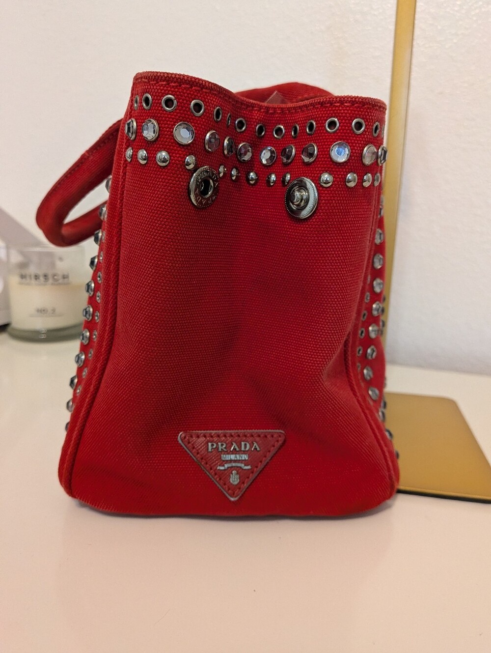 Prada Canapa Red Studded Rhinestone Small Satchel - Picture 8 of 13